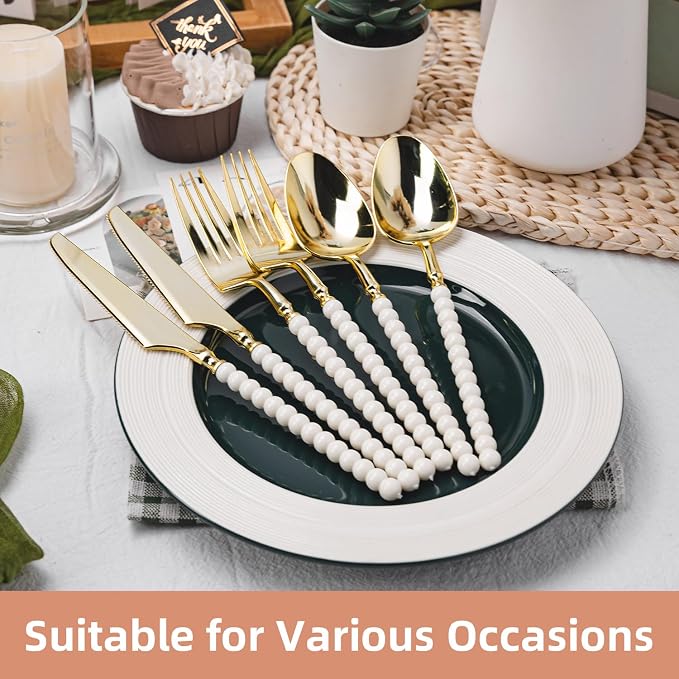 150 Pcs Gold Plastic Silverware,Gold Plastic Utensils with Ivory Beads Handle,Fancy Disposable Cutlery Set Include 50 Forks 50 Knives 50 Spoons for Party & Wedding