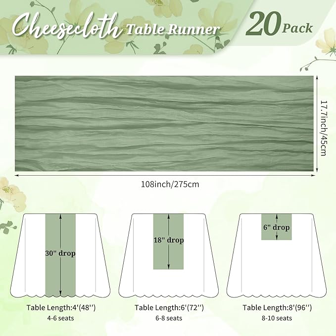 20 Pack Cheesecloth Table Runner Sage Green, Rustic Boho Gauze Fabric Table Runner Romantic Table Runner for Wedding, Festival, Birthday, Anniversary, Dinner and Outdoor Events (17.7 x 108 inch)