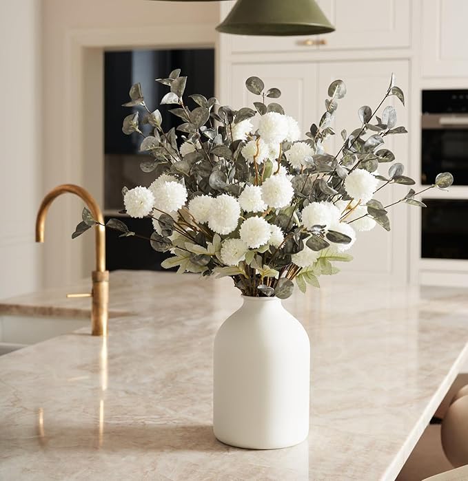Laelfe 10 Kiku Artificial Flowers + 5 Large Eucalyptus Branches, Silk Fake White Flowers Pompon Mums (Ball Flower Stems) - Decor for Home, Centerpieces & Shower Arrangements(Vase not Included)