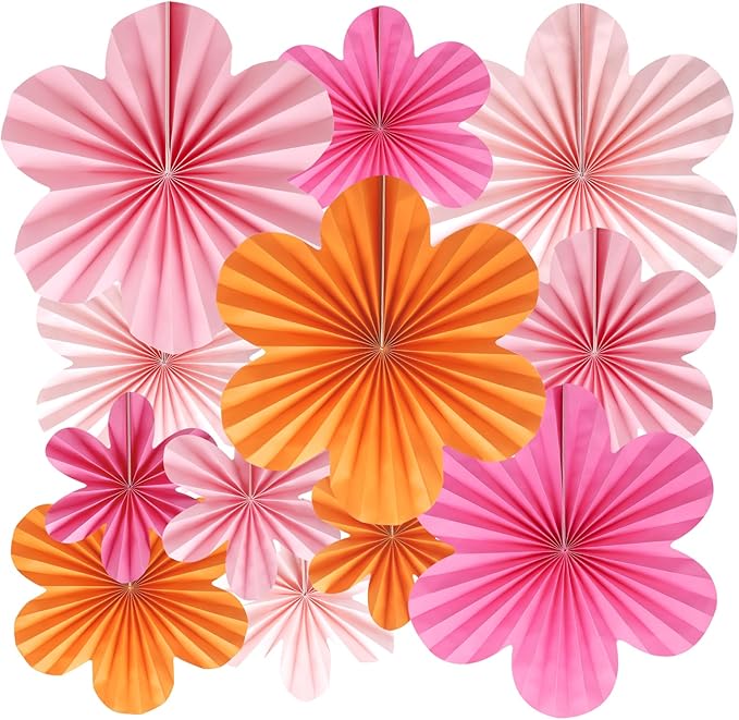 BestoFun 12 PCS Paper Flowers Fans Pink and Orange Party Decorations Paper Flowers Decorations for Wall Girl Groovy Birthday Baby Shower Wedding Bachelorette Room Hanging Décor