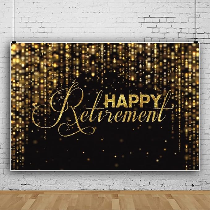 Leyiyi 15x10ft Happy Retirement Photo Backdrop Luxury Black and Gold Party Photography Background Gold Glitters Celebrate Retirement Party Decor Studio Props Bokeh Banner Supplies Vinyl Wallpaper