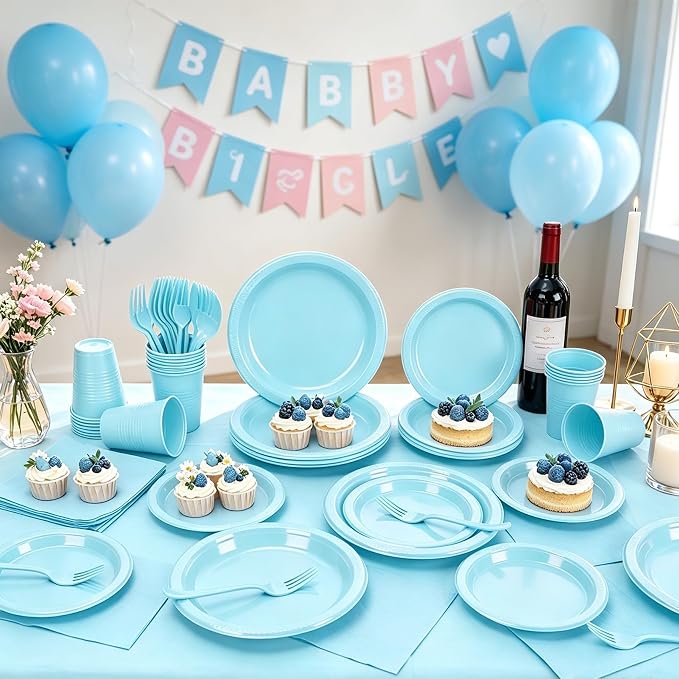 Light Blue Plastic Plates for Party,30 Guest Disposable Blue Party Supplies Including Dinner&Dessert Plate,12oz Cups,Cutlery,Napkins & Tablecloth Dinnerware Decorations for Baby Shower Birthday