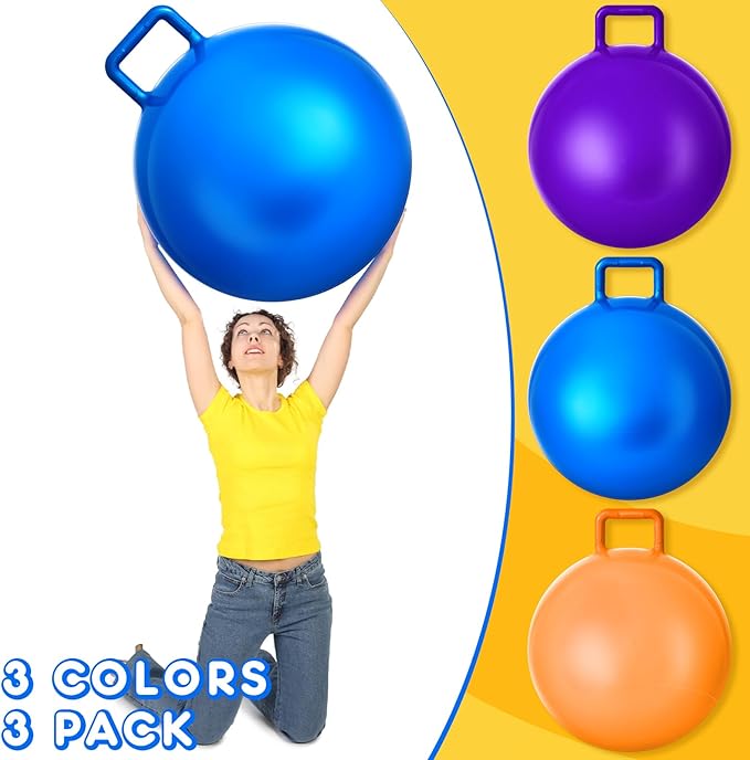 Lewtemi 3 Pcs 22 Inch Bouncing Ball with Handle, Outdoors Hopper Jumping Hopping Ball and Air Pump for Sports Exercise (Orange, Blue, Purple)