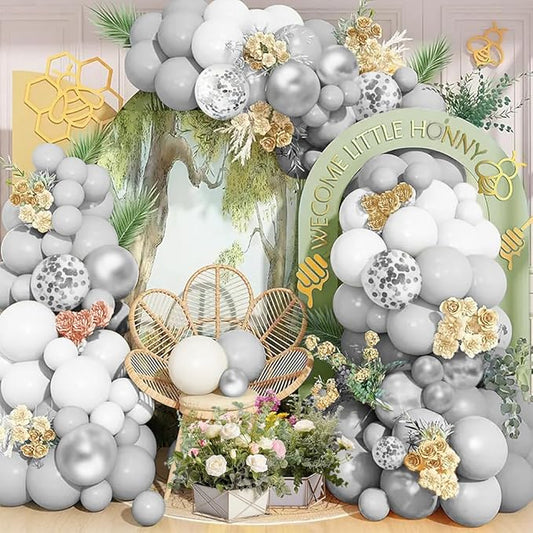 Silver White and Grey Balloon Arch Kit - 110Pcs Metallic Silver Latex Balloons Garland with Confetti Balloons - Ideal for Wedding Bridal Shower Engagement Birthday Party Decorations Supplies