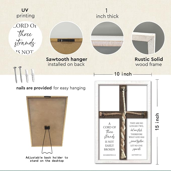 A Cord of Three Strands Wedding Unity Cross Sign Braided Rope Ceremony Art | 15x10 Inch Rustic Farmhouse White Wood Framed, Christian Marriage Prayer Wall Decor for Couples, Anniversaries & Prayer Rooms
