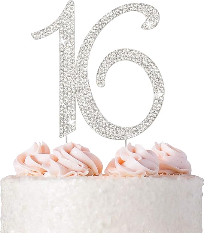 16 Cake Topper - Premium Silver Metal - Sweet 16 Birthday Party Sparkly Rhinestone Decoration Makes a Great Centerpiece - Now Protected in a Box