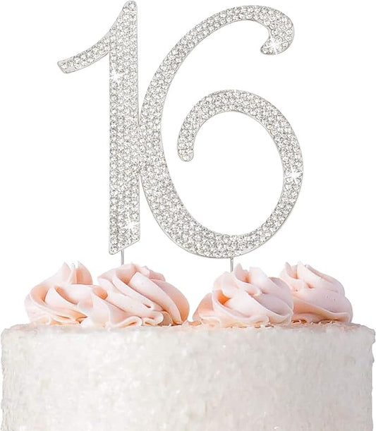 16 Cake Topper - Premium Silver Metal - Sweet 16 Birthday Party Sparkly Rhinestone Decoration Makes a Great Centerpiece - Now Protected in a Box