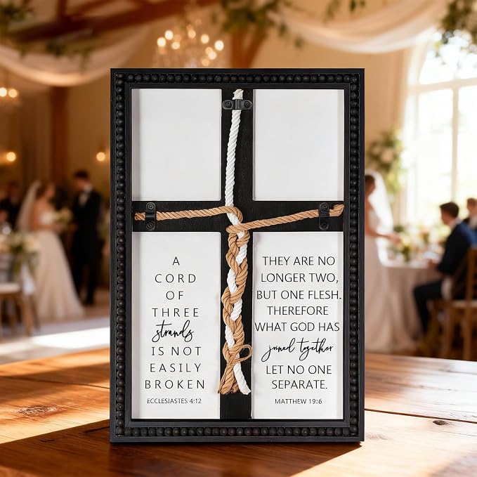 Farmhouse A Cord of Three Strands Wedding Ceremony Sign with Wooden Bead and Hanging Hook, Vintage Rustic Wood Unity Cross for Wedding Ceremony, 11 X 15 Religious Christian Wall Decor Gift for Couple