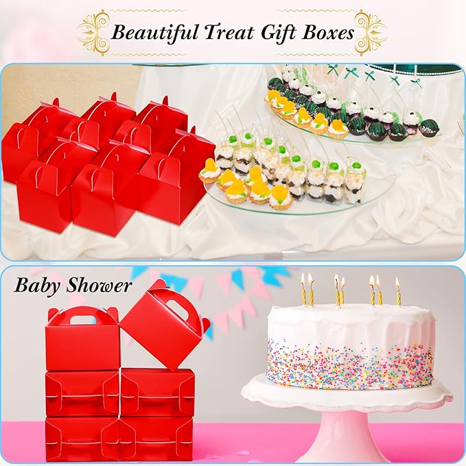 36 Pcs Party Favor Treat Boxes, Goodie Candy Gable Paper Gift Boxes with Handles for Birthday Wedding Shower Christmas Party Supplies, 6 x 3.5 x 3.5 Inches(Red)
