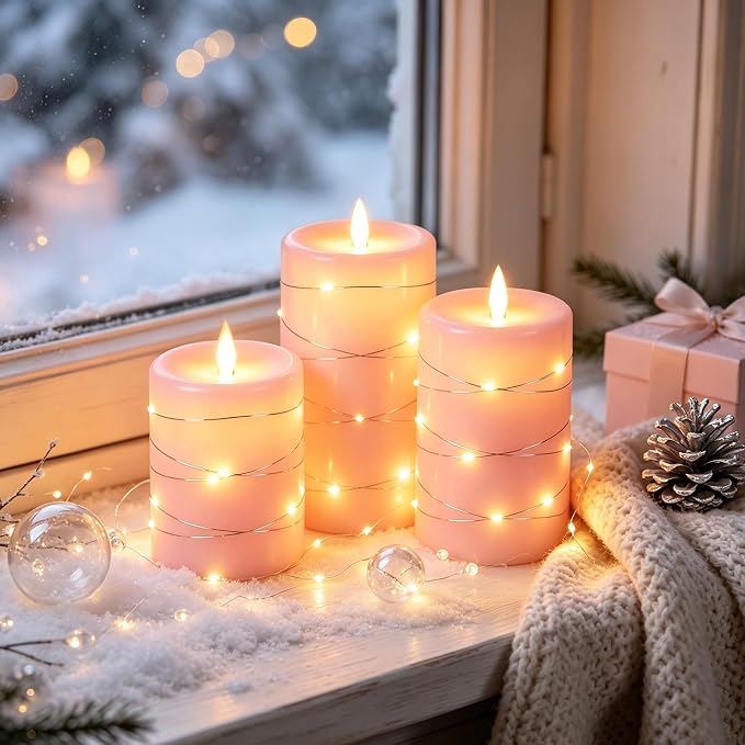 Da by 3 Pack Pink Real Wax Flameless Taper Candles, Lifelike Flickering LED Flame Candles with Surrounding Fairy String Lights, Soft Warm Battery Candles with Remote for Home Wedding Party Decor