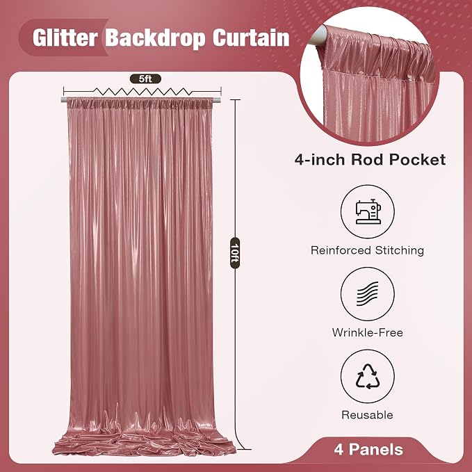 20x10FT Rose Gold Sequin Backdrop Curtain for Party - 4 Panels 5x10FT Wrinkle-Free Shimmer Drapes for Birthday, Wedding, Christmas, Decorations & Photography