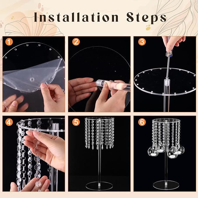 Yerliker 6 Sets 19.69 Inch Acrylic Wedding Centerpiece Flower Stand with Hanging Glass Tealight Globe Candle Holders Crystal Tall Flowers Vase for Birthday Wedding Party Table Decoration