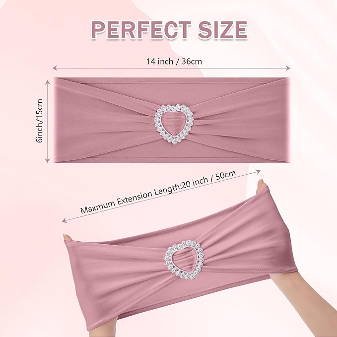 Howhic Pack of 60 Spandex Chair Sashes Bows ，Stretch Chair Cover Band with Buckle Slider Universal Elastic Ties for Wedding Banquet Party Event Decorations (Dusty Pink)