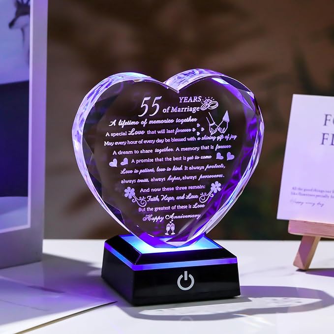 Happy 55th Wedding Anniversary Crystal Gifts for Couples Parents, 55th Wedding Anniversary Keepsake Gifts for Her Him with Colorful LED Base, Romantic 55 Years of Marriage Heart Gift for Wife Husband