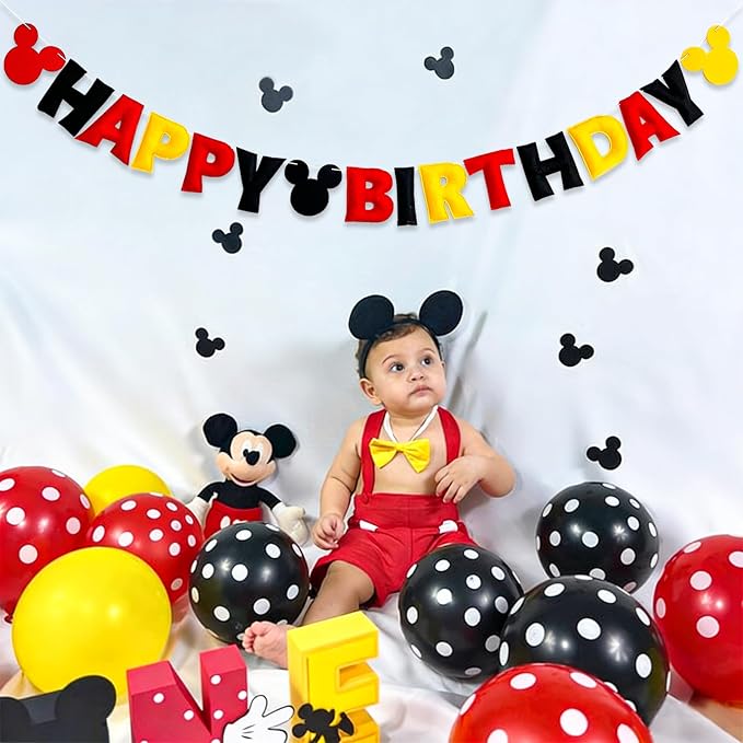Reusable Cartoon Mouse Birthday Party Decorations - Pre-Strung Happy Birthday Banner with Red Black Yellow Mickey Style, Personalized Birthday Sign for Boys Girls Kids Babies Birthday Party Supplies