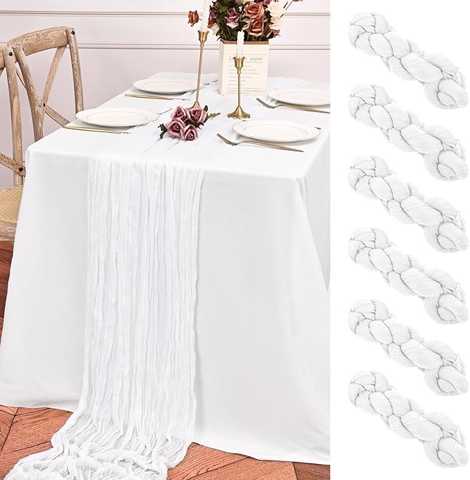 6 Pack White Table Runner 10FT Long Cheesecloth Table Runner Cheese Cloth Gauze for Wedding Party Birthday Decoration-White