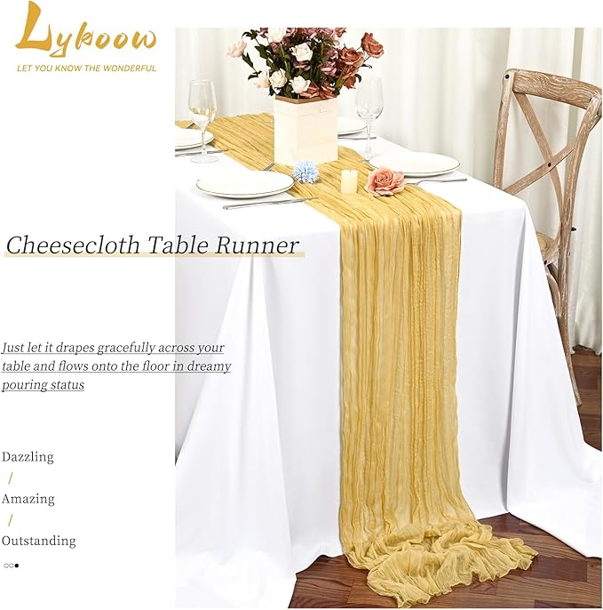 24 Packs Gold Table Runner, Charming Cheesecloth Table Runner 17 x 108inch, Gauze Boho Wedding Decoration Rustic Sheer Fabric Cheese Cloth Table Runners for Wedding Party Bridal Shower