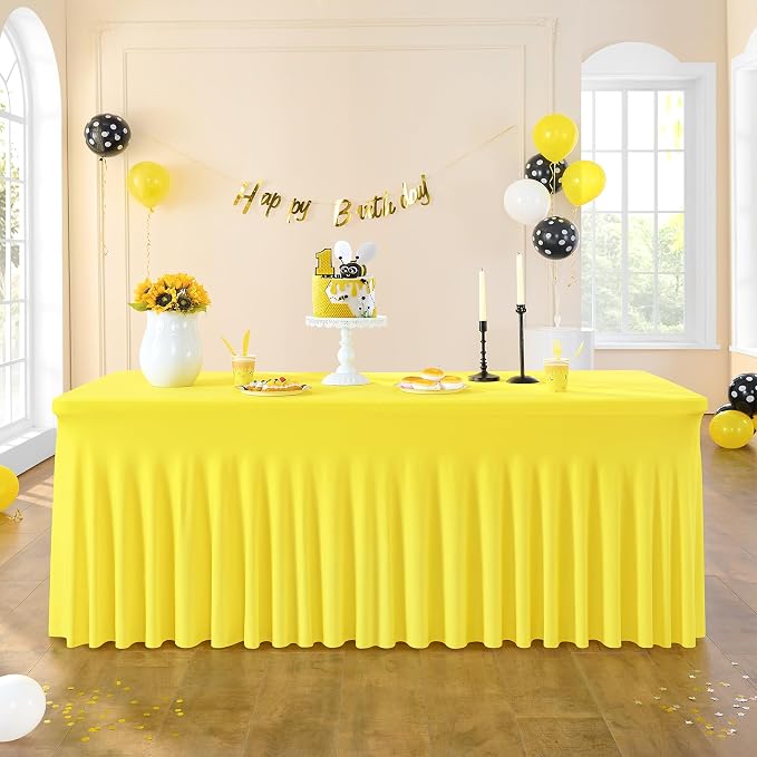 2 Pack Yellow Spandex Table Clothes for 8 Foot Rectangle Tables, Wrinkle Free Lemon Fitted Tablecover 8ft Stretchy Tablecloths with Skirt for Parties Weddings Birthday Banquet Baby Shower