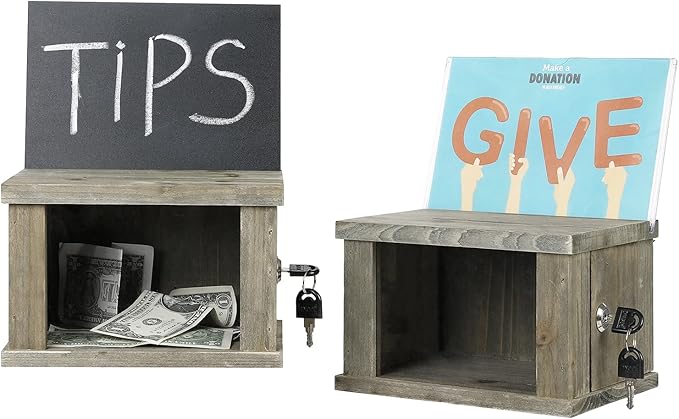 MyGift 2 Pcs Suggestion Box, Tip Jar, Comment Box and Money Donation Collection with Lock, Key, and Interchangeable Acrylic and Chalkboard Sign Holder, Vintage Gray Brown Solid Wood