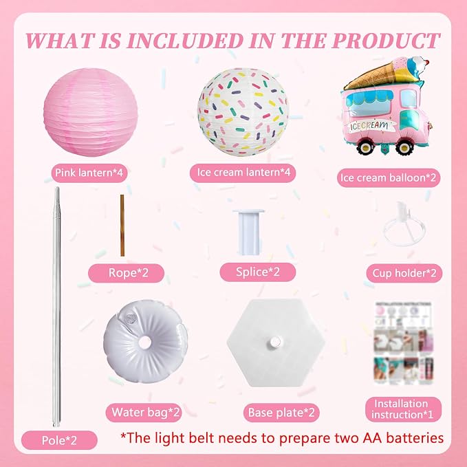 Ice Cream Balloon Column Stand Kit and Paper Lantern 2 Sets 5 Feet with Reusable Metal Telescopic Design for Ice Cream Parties, Birthday Decorations for Girls,Wedding
