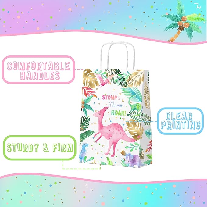 HaPiBiDesign Dinosaur Party Favor Bags, 24 Pack Dinosaur Goodie Bags with Handles, Girl Dinosaur Gift Bags, Pink Dinosaur Treat Bags for Kids Birthday Party, Dinosaur Party Supplies