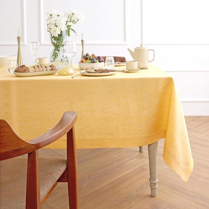 Solino Home Linen Tablecloth 60 x 90 Inch - 100% Pure Linen Chambray Mustard Yellow Table Cloth for Rectangular Tables - Athena, Machine Washable Cloth Tablecloth for Summer