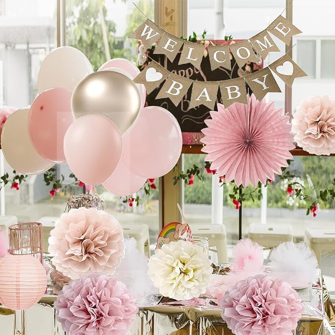 Baby Shower Decorations for Girls with Rustic Burlap Welcome Banner and Rose Gold Balloons Dusty Pink Paper Party Supplies (Pink + Champagne Gold)