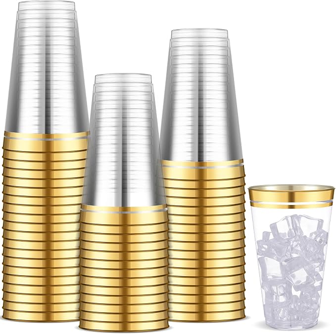 Sliner 50 Pcs Hard Plastic Cups Double Rimmed Plastic Cups Heavy Duty Fancy Wine Glasses for Holiday Christmas New Year Winter Birthday Party Supplies(16 Oz,Gold)