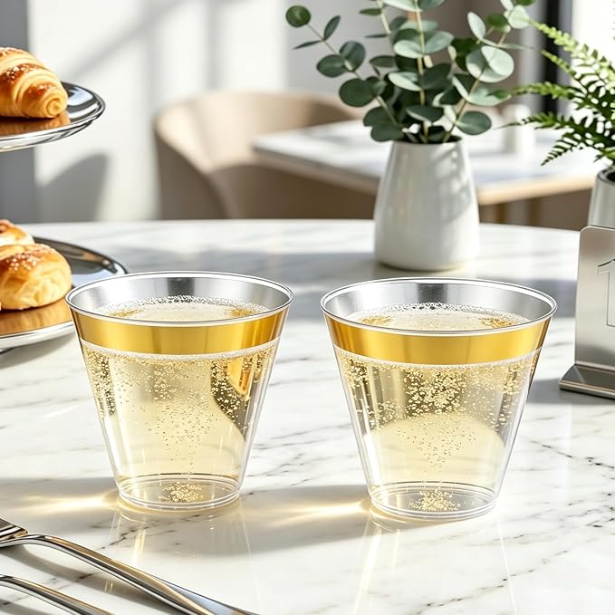 [200 Pack] 9oz Clear Plastic Cups with Gold Rimmed Sturdy & Food Safe Disposable Wine Glasses Party Wedding Cups Disposable Drinking Cups Plastic Cocktail Glasses for Wine, Juice & Cold Beverages