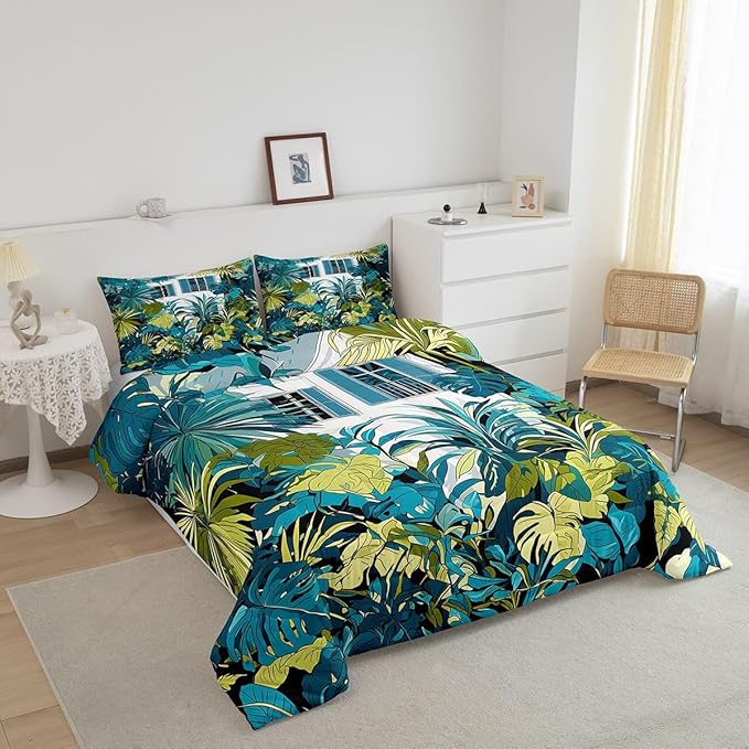 jejeloiu Palm Leaf Comforter Set King Size Kids Tropical Leaves House Bedding Set for Boys Girls Summer Botanical Branches Nature Theme Duvet Quilt Room Decor