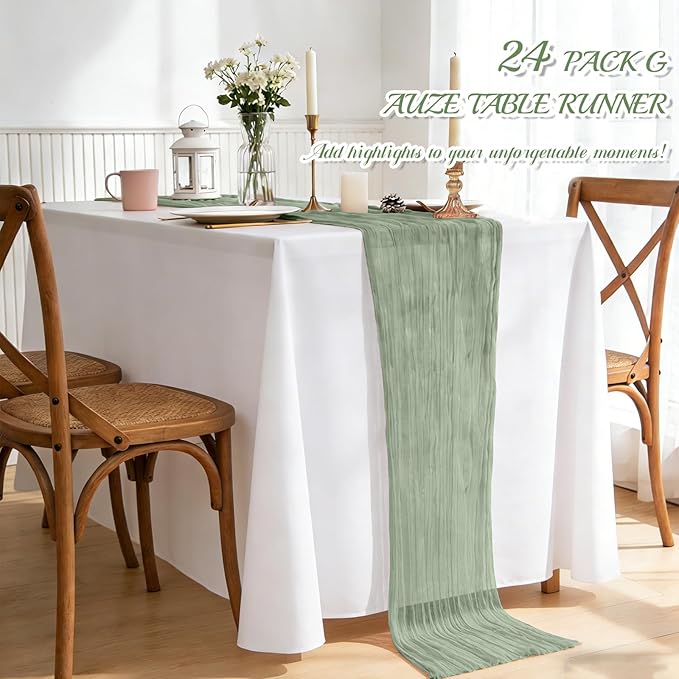Pesonlook 24 Pack Sage Green Table Runner, Cheesecloth Table Runner Long Romantic Semi Sheer Rustic Boho Gauze Table Runners for Wedding Bridal Shower Birthday Party Decorations(17.7×108 Inch)