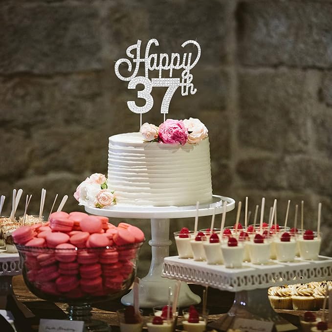 LINGTEER Happy 37th Birthday Silver Rhinestone Cake Topper - Cheers to 37th Birthday 37 Years Old Anniversary Party Cake Centerpieces Topper Decorations Gift Sign.