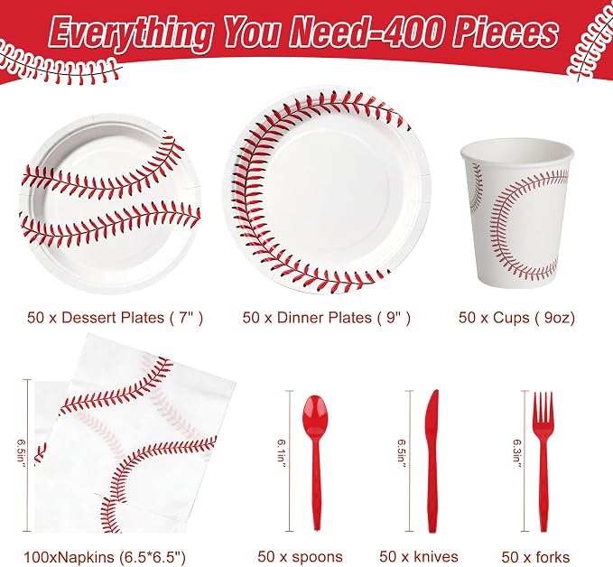 400 Pcs Disposable Baseball Party Tableware Set for 50 Guests | Heavy-Duty 7" & 9" Paper Plates, Cups, 13" Napkins & Plastic Cutlery for Game Day and Birthday Party Supplies