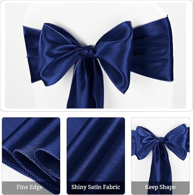 Pesonlook 60 PCS Navy Blue Satin Chair Sashes Bows Satin Chair Sashes Universal Chair Cover for Wedding Reception Restaurant Event Decoration Banquet,Party,Hotel Event Decorations (7 x 108 inch)