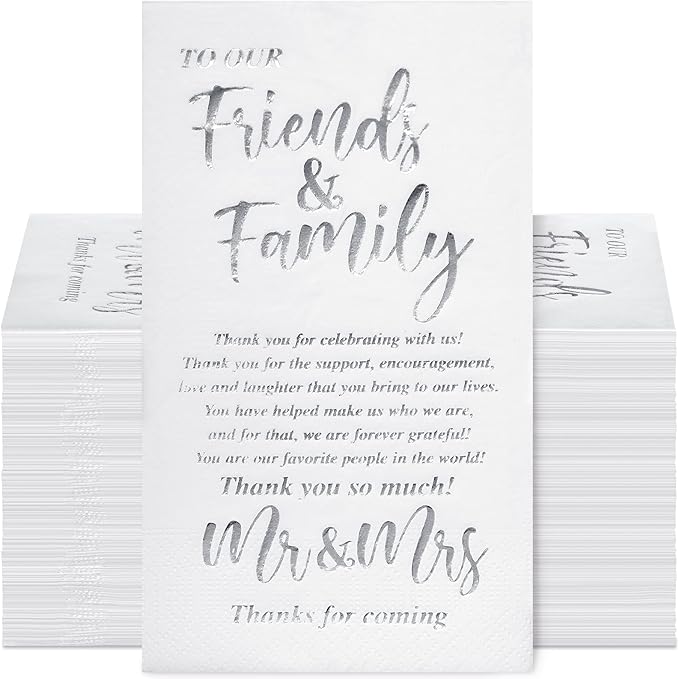 100 Pcs Wedding Napkins Mr & Mrs Dinner Napkins for Reception Disposable Decorative Towels for Wedding Shower Banquet Rehearsal Dinner Decor (Silver)