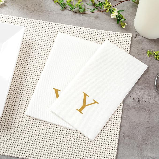 Luxenap 15.8 X 7.9 Inch Linen-Feel Guest Towels, 2000 Lettered Hand Towels - Gold Letter 'Y', Sans Serif Font, White Paper Dinner Napkins, airlaid, For Restrooms And Tables - Restaurantware
