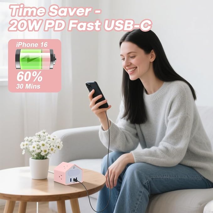 Lovely-Pink Power Strip with Night Light - Kawaii USB C Power Strip Desk Accessories - 4 Outlets 3 USB Ports - Overload Protection Plug Extender for Home, Office, Dorm, Travel, Hotel, Women, Girls