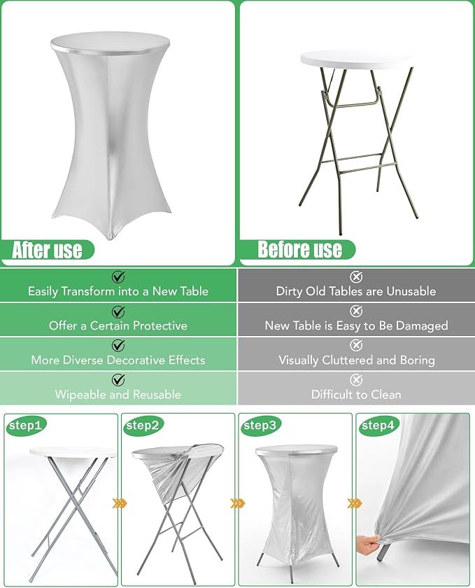 Cocktail High Top Table Covers - 32x43 Inch Fitted Spandex Round Cocktail Tablecloth for Bar Height Standing Table Cloths Reusable, for Party Wedding Banquet Event Decorations, Shiny White, 8 Pack