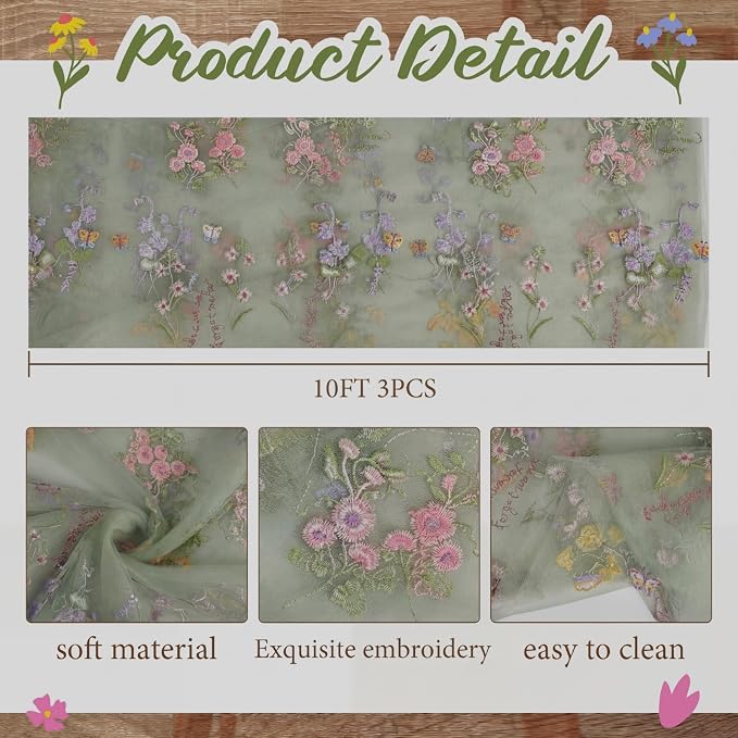 Sage Green Floral Table Runner 10ft Embroidery Tulle Spring Wildflower Table Runner Seasonal Summer Butterfly Kitchen Dining Gauze Decoration for Wedding Baby Shower Birthday Party (3 Pcs)