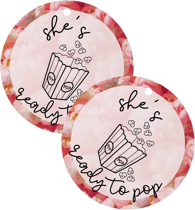 She’s Ready to Pop Popcorn Bags Tags for Baby Shower | 30pk 2.5” Circle Tag Label About to Pop It When She Pops Favors Blue Pink Champagne