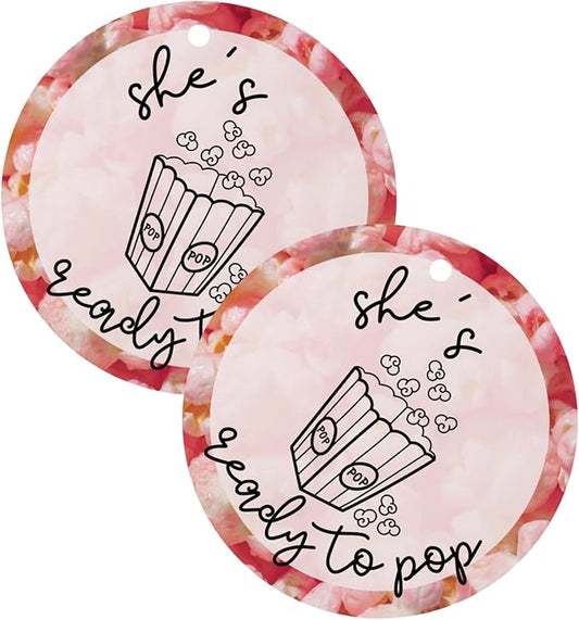She’s Ready to Pop Popcorn Bags Tags for Baby Shower | 30pk 2.5” Circle Tag Label About to Pop It When She Pops Favors Blue Pink Champagne