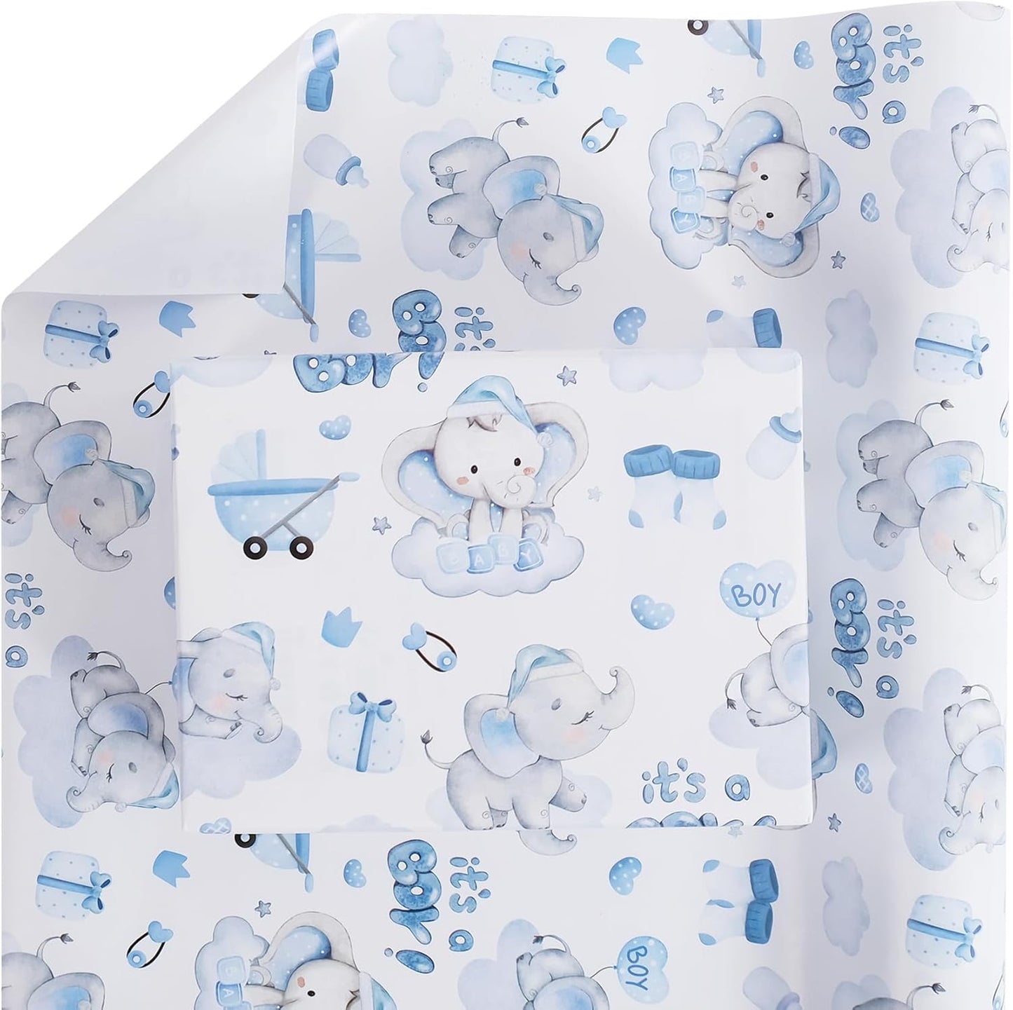 Aimyoo Blue Baby Shower Wrapping Paper Roll - 17 Inch X 16.4 Feet - Cute Elephant with It‘s A Boy Letter Design Perfect for Boys, Birthday, Party