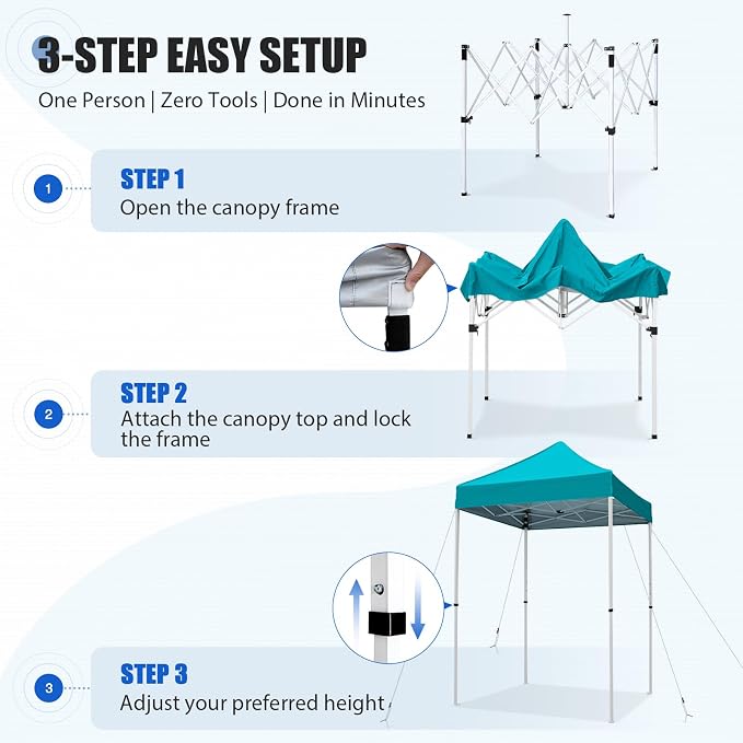 EAGLE PEAK 5x5 Pop Up Canopy Tent Instant Outdoor Canopy Easy Set-up Straight Leg Folding Shelter, Turquoise
