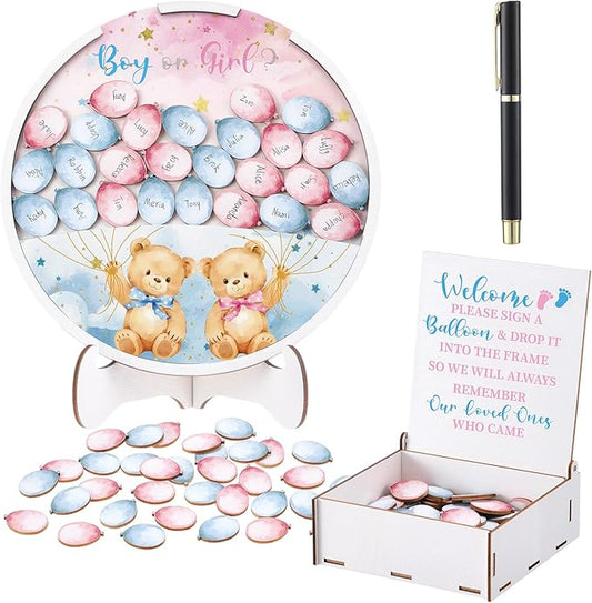 AceOrbit 63 Pcs Gender Reveal Guest Book Boy or Girl Guest Voting Book Alternatives Set Gender Reveal Decorations Gifts Ideas with 60 Wood Slices for Baby Shower Voting Games Party Supplies (Bear)