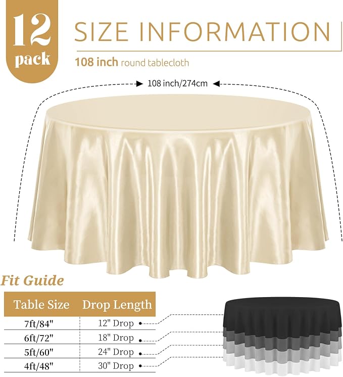12 Pack Champagne Round Tablecloth, 108 Inch Silky Satin Table Cloth, Bright Silk Tablecloth Smooth Fabric Table Covers Overlay Silky Round Table Decoration for Wedding Party Banquet Birthday
