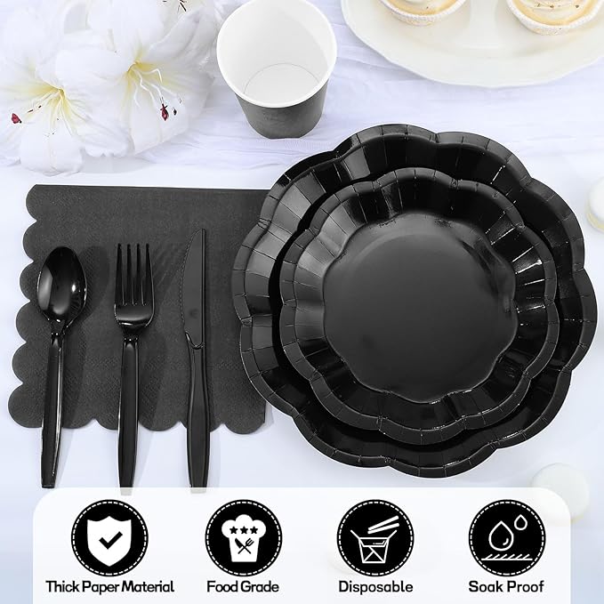 175 Pcs Black Plates and Napkins Set, 25 Guest Black Party Supplies Include 9" Dinner Plates and 7" Dessert Plate Paper Napkins Cup Disposable Plastic Cutlery for Wedding Birthday Graduation Party