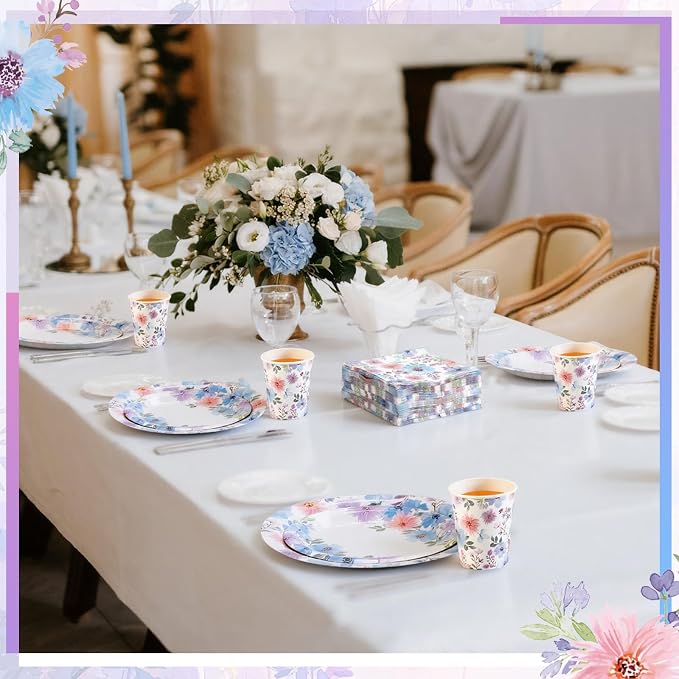 Ziliny 250 Pcs Spring Flower Party Decorations Include Watercolor Floral Paper Plates Napkins and Cups for Summer Wedding Baby Shower Tea Decorations, Serve 50 Guest