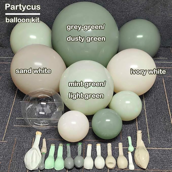Dusty Green White Balloon Arch Kit Double Stuffed, Sage Mint Green Sand Ivory Boho Balloon Garland with Clear Bobo Latex for Neutral Baby Shower Bridal Wedding Birthday Woodland Party Decoration