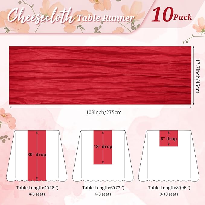 10 Pack Cheesecloth Table Runner Red, Rustic Boho Gauze Fabric Table Runner Romantic Table Runner for Wedding, Festival, Birthday, Anniversary, Dinner and Outdoor Events (17.7 x 108 inch)