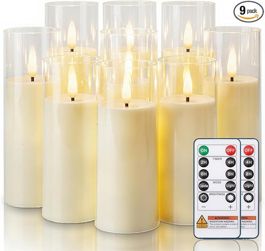 Homemory Ivory Acrylic Flameless LED Candles, Battery Operated with Remote Control and Timer, Electric Fake Candles for Wedding, Home Decor, Set of 9